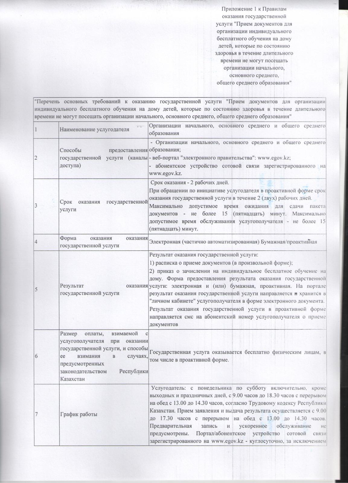 "Бастауыш, негізгі орта, жалпы орта білім беру ұйымдарына денсаулығына байланысты ұзақ уақыт бойы бара алмайтын балаларды үйде жеке тегін оқытуды ұйымдастыру үшін құжаттар қабылдау" мемлекеттік көрсетілетін қызмет қағидасы /Правила оказания государ